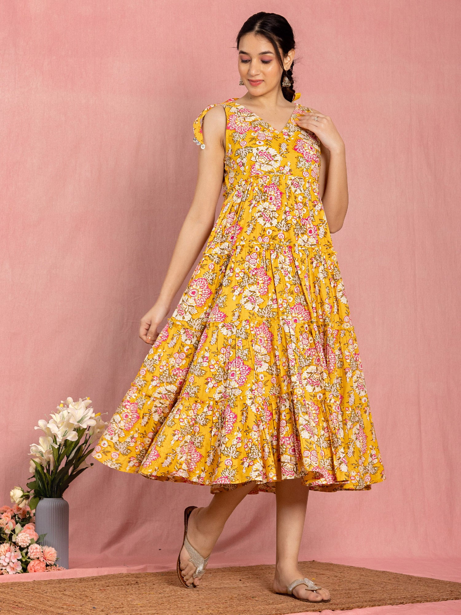 Yellow Cotton Floral Printed Flared Dress